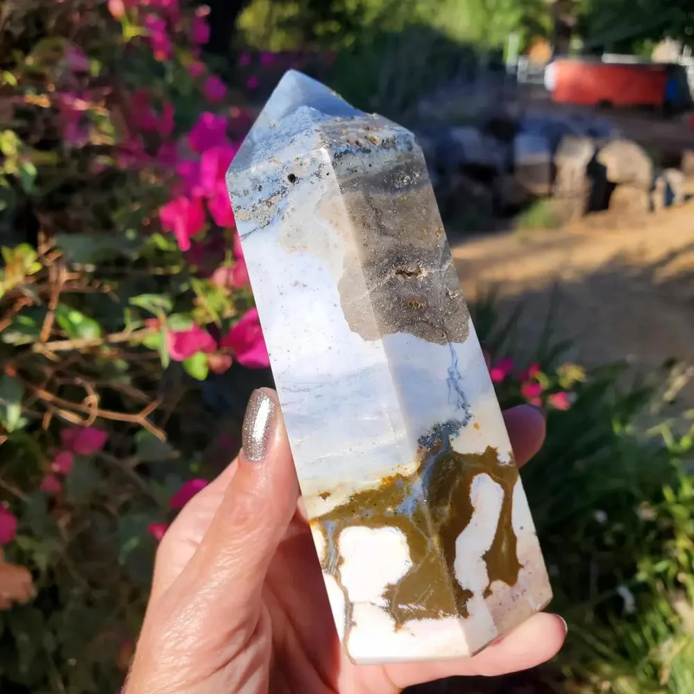Ocean Jasper Blue Pink Druzy Sea Crystal Tower Point 508 grams